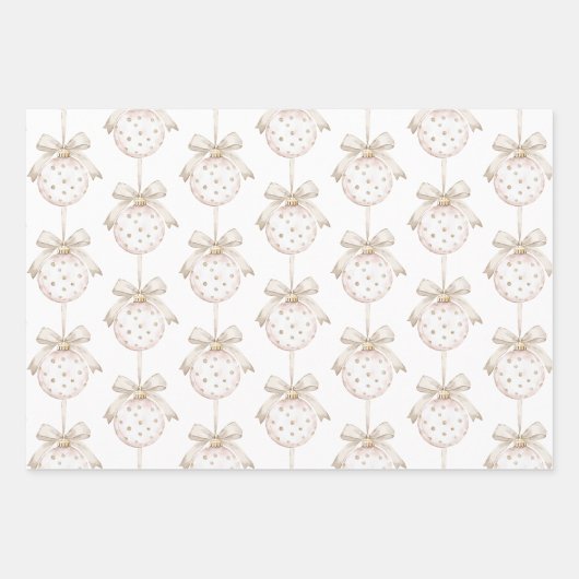 シックなピンクホワイトドットボウオーナメントクリスマス ラッピングペーパーシート (正面2)