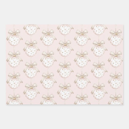 シックなピンクホワイトドットボウオーナメントクリスマス ラッピングペーパーシート (正面)