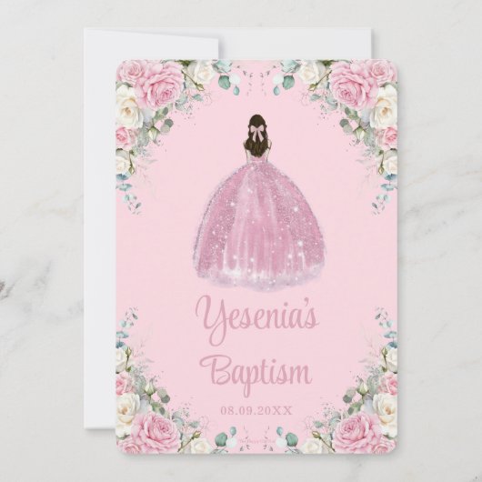 シックなピンクホワイトフローラシルバーアーチバプテスマ 招待状 (裏面)