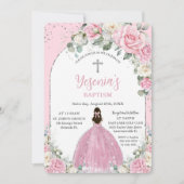 シックなピンクホワイトフローラシルバーアーチバプテスマ 招待状 (正面)