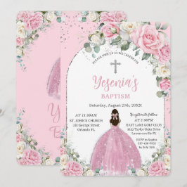 シックなピンクホワイトフローラシルバーアーチバプテスマ 招待状