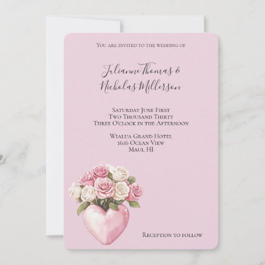 シックなピンクホワイトローズフローラ結婚ハート 招待状 (正面)