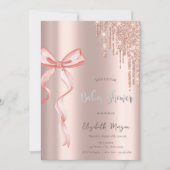 シックなピンクボウバラ金ゴールドドリップベビーシャワー 招待状 (正面)