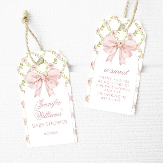 シックなピンクボウフローラベビーガールシャワーサンキュー ギフトタグ