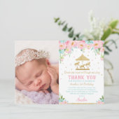 シックなピンクミントフローラ回転木馬1stバースデーフォト サンキューカード (スタンド正面)