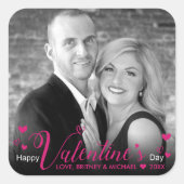 シックなピンクモダンのスクリプトハート白黒写真 スクエアシール (正面)