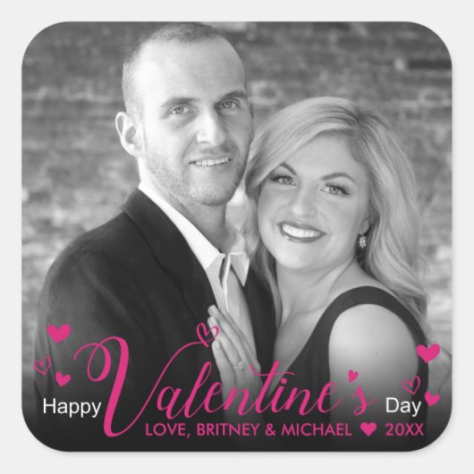 シックなピンクモダンのスクリプトハート白黒写真 スクエアシール (正面)