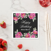 シックなピンクレッドバイオレットピオニーフローラブラック誕生日 スタンダードカクテルナプキン (インサイチュ)