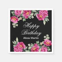 シックなピンクレッドバイオレットピオニーフローラブラック誕生日 スタンダードカクテルナプキン