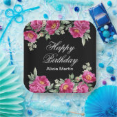 シックなピンクレッドバイオレットピオニーフローラブラック誕生日 ペーパープレート (パーティー)