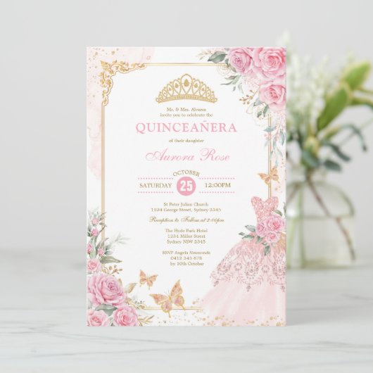 シックなピンクローズクラウンプリンセスドレスキンセアニラI 招待状 (スタンド正面)