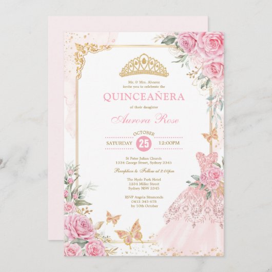 シックなピンクローズクラウンプリンセスドレスキンセアニラI 招待状 (正面/裏面)