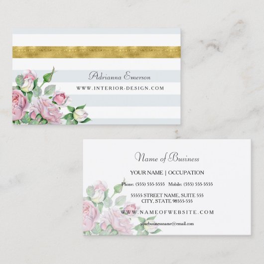 シックなピンクローズフェイク金ゴールドストライプインテリアデザイン 名刺 (正面/裏面)
