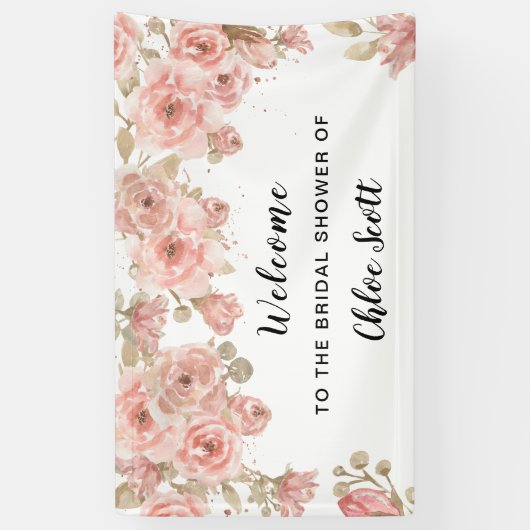 シックなピンクローズフローラブライダルシャワーウェルカムバナー 横断幕 (縦)