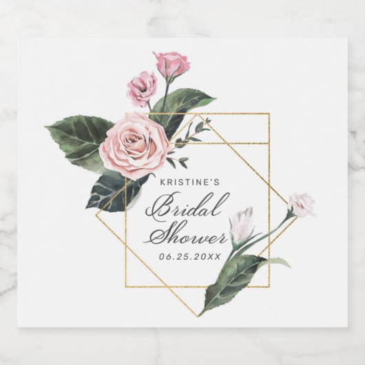 シックなピンクローズフローラ金ゴールドフレームブライダルシャワーチャ スパークリングワインラベル (シングルラベル)