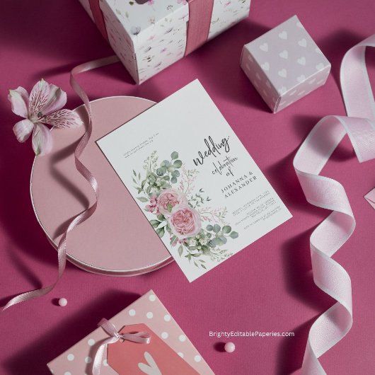 シックなピンクローズ牡丹フローラエレガンス結婚ズ 招待状