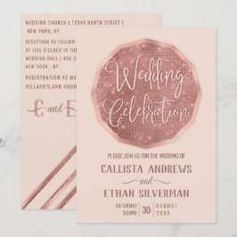 シックなピンクローズ金ゴールドグリッターポリゴンジオズ結婚ズ 招待状