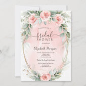 シックなピンクローズ金ゴールドフレームグリッターブライダルシャワー 招待状 (正面)