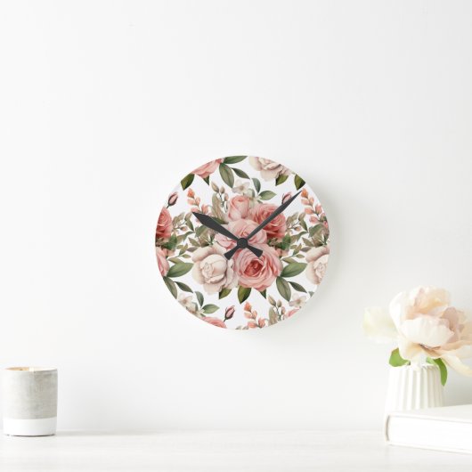 シックなピンクローゼフラワーズフローラ時計 ラウンド壁時計 (ホーム)