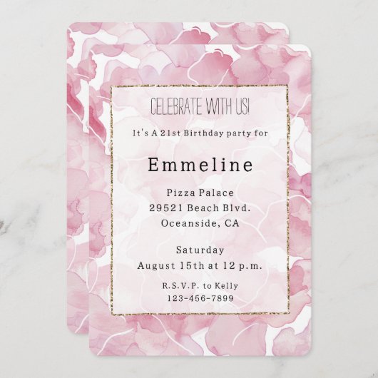 シックなピンク抽象芸術誕生日 招待状 (正面/裏面)