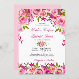 シックなピンク明るい赤紫色バラボタニカルフローラ結婚ズ 招待状
