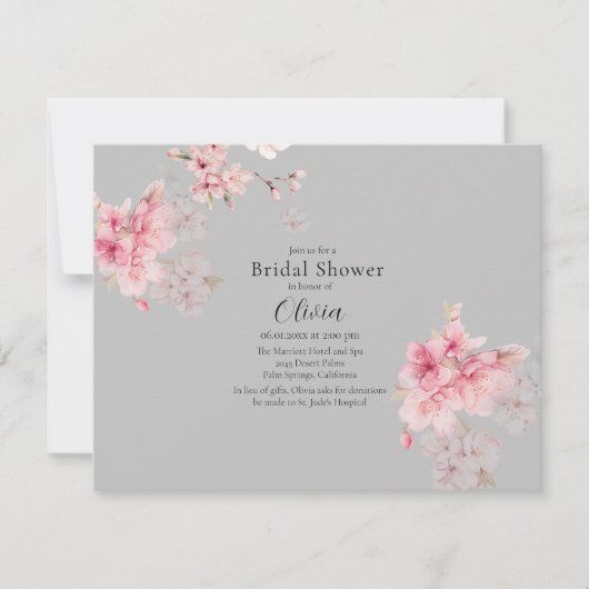 シックなピンク桜フラワーズオングレーブライダルシャワー 招待状 (正面)
