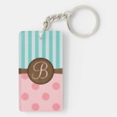 シックなピンク水玉模様ティール（緑がかった色）ストライプモノグラム キーホルダー (裏面)