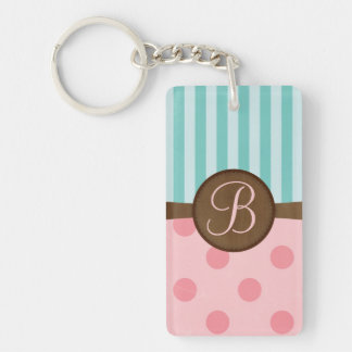 シックなピンク水玉模様ティール（緑がかった色）ストライプモノグラム キーホルダー