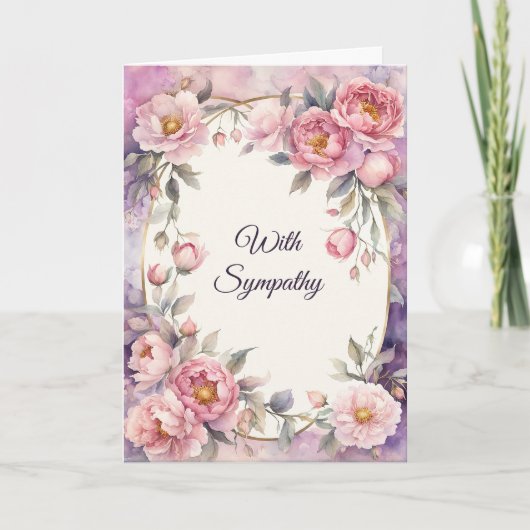 シックなピンク牡丹オーバルフレーム悔やみや弔慰 カード (正面)