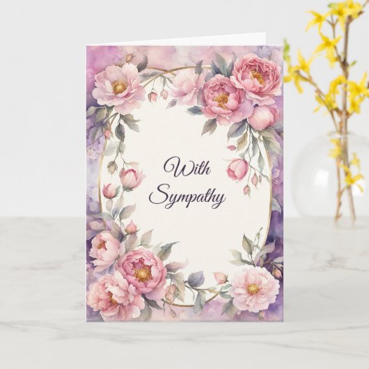 シックなピンク牡丹オーバルフレーム悔やみや弔慰 カード (黄色い花)