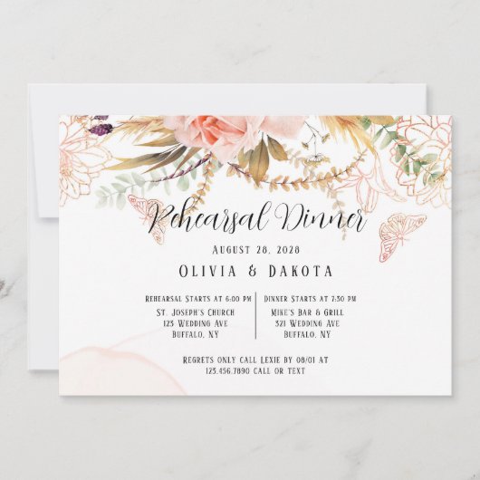 シックなピンク牡丹バタフライリハーサルディナー 招待状 (正面)