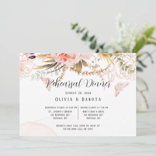 シックなピンク牡丹バタフライリハーサルディナー 招待状 (スタンド正面)