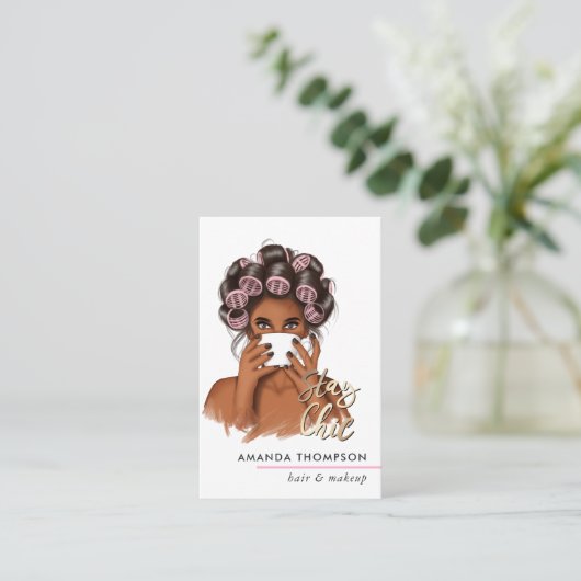 シックなピンク美容師 名刺 (スタンド正面)