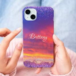 シックなピンク色のサンセットフォト紙吹雪カスタムスクリプト iPhone 15 MINIケース