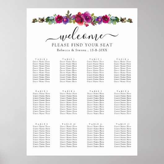 シックなピンク色の水結婚色のシーティングチャート ポスター (正面)