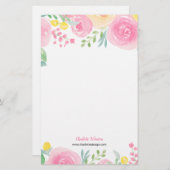 シックなピンク色の黄色のゆったりとしたフローラの水色の花 便箋 (正面/裏面)