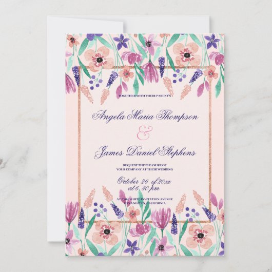 シックなピンク色バイオレットグリーンの水色のフローラ結婚ズ 招待状 (正面)