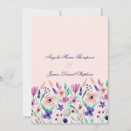 シックなピンク色バイオレットグリーンの水色のフローラ結婚ズ 招待状 (裏面)