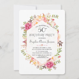 シックなピンク赤面フローラネイビーブルーバースデーパーティー 招待状