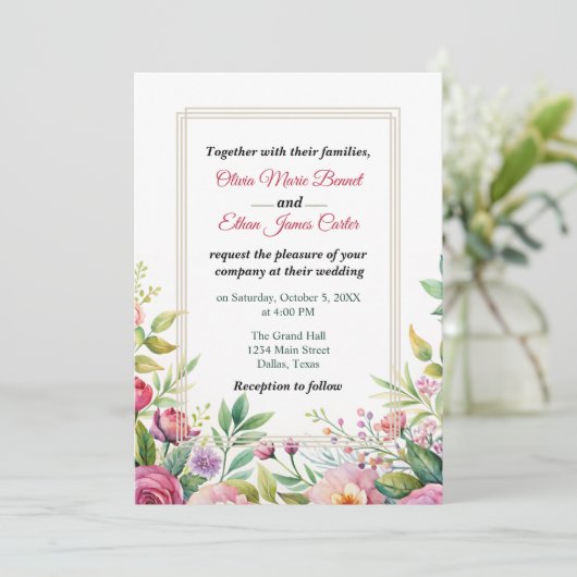 シックなピンク赤面フローラパープルウォーター結婚カラー 招待状 (スタンド正面)