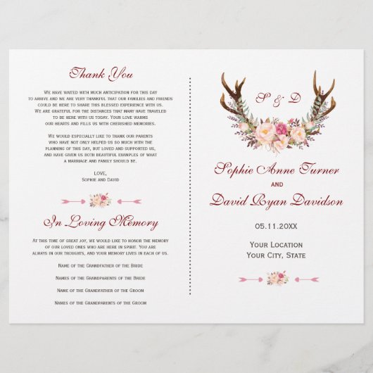 シックなピンク赤面フローラ〔雄ジカの〕枝角結婚式 プログラム (正面)