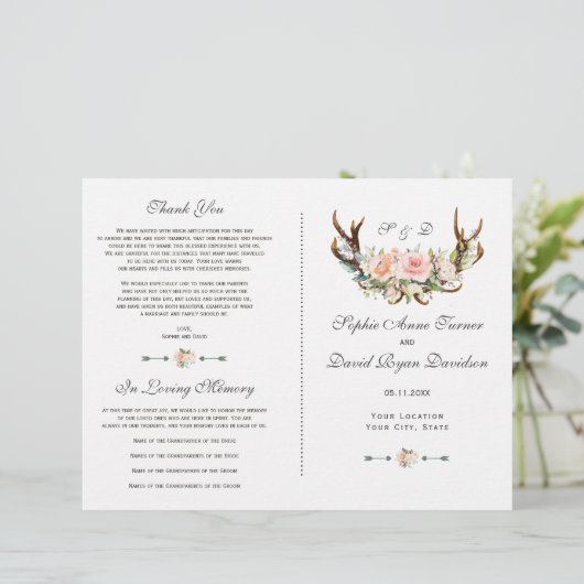 シックなピンク赤面フローラ〔雄ジカの〕枝角結婚式 プログラム (スタンド正面)