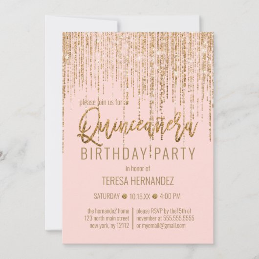 シックなピンク金ゴールドグリッターフリンジカーテンキンセアニラ 招待状 (正面)