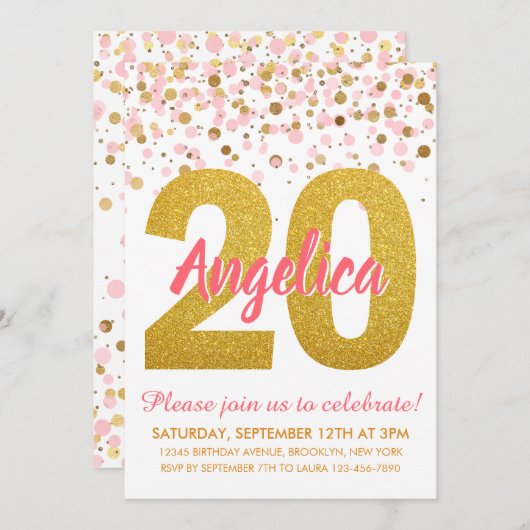 シックなピンク金ゴールドグリッター紙吹雪ガール20th誕生日 招待状 (正面/裏面)