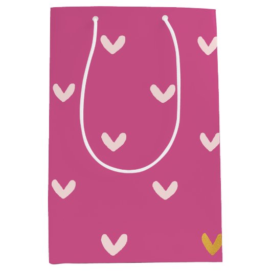シックなピンク金ゴールドハート誕生日 ミディアムペーパーバッグ (正面)