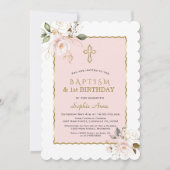 シックなピンク金ゴールドフローラガール1st誕生日&バプテスマ 招待状 (正面)