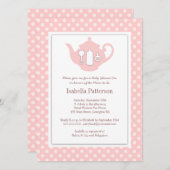 シックなピンク|の白いティーポットのベビーシャワーのお茶会 招待状 (正面/裏面)