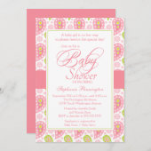 シックなピンク+グリーンペイズリーのベビーシャワー招待 招待状 (正面/裏面)