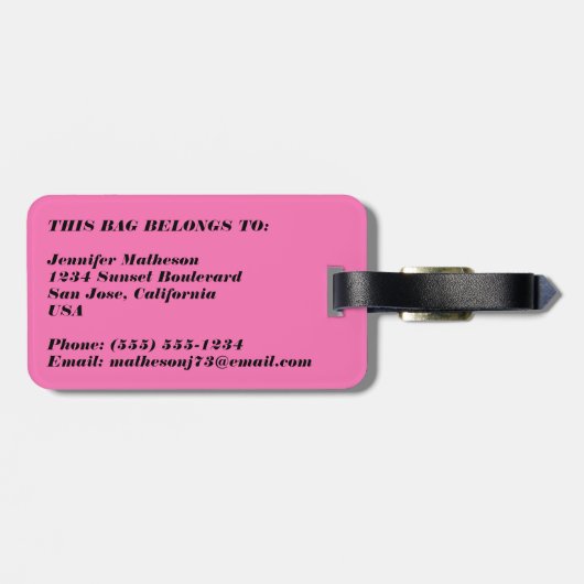シックなピンク、ブラック、ホワイトストライプのモノグラムの ラゲッジタグ (裏面横)