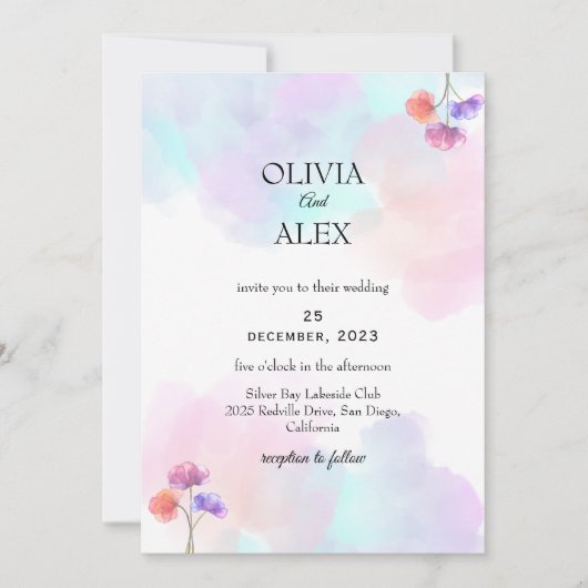 シックなピンク&ブルー結婚式招待状 招待状 (正面)